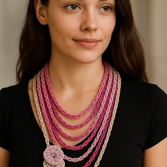 Handmade Boho Crochet Necklace Multilayer Statement in Pink Ombre Fiber Art - Picture 1 of 2